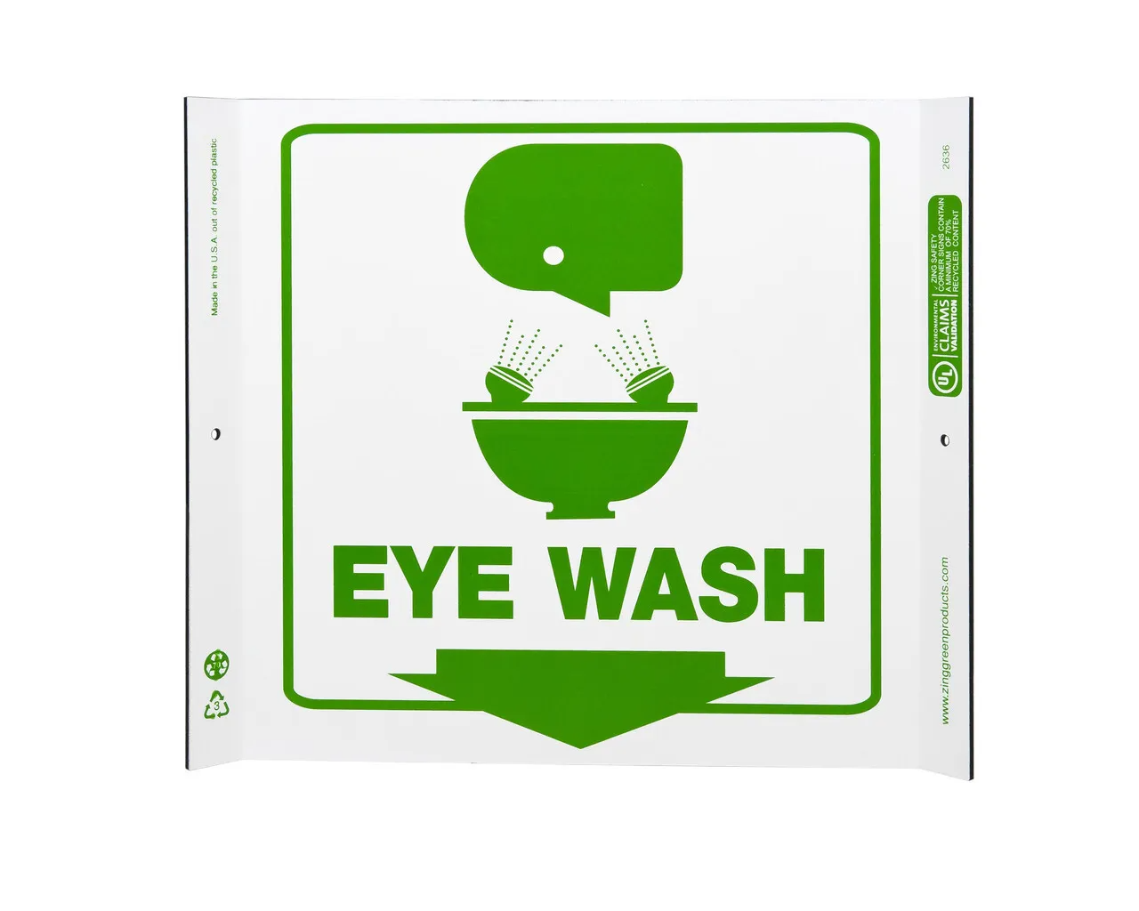 ZING 2636 Eco Safety Corner Sign, Eye Wash, 10Hx10W, Recycled Plastic