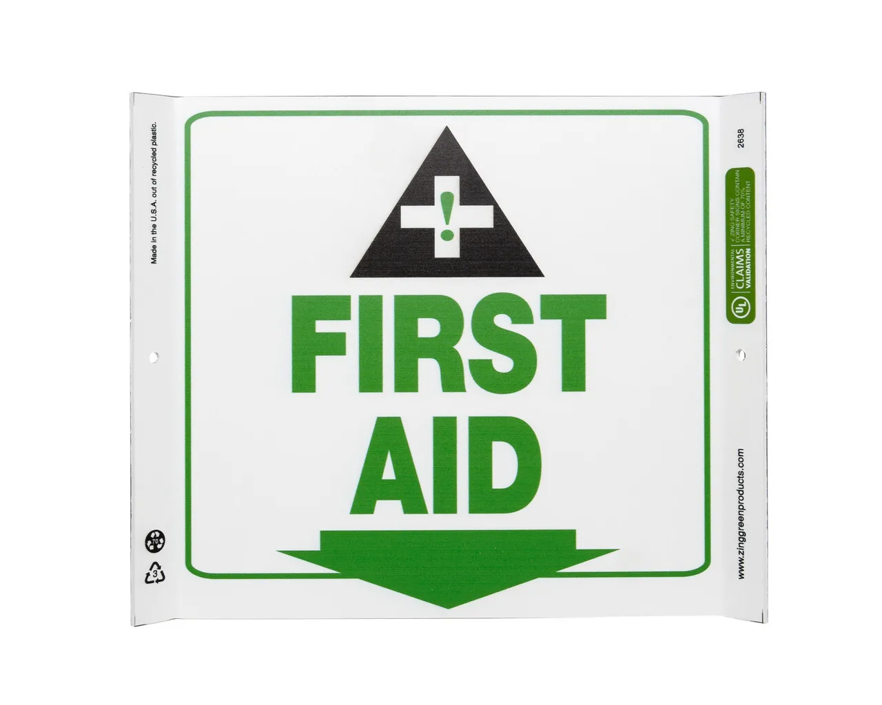ZING 2638 Eco Safety Corner Sign, First Aid, 10Hx10W, Recycled Plastic