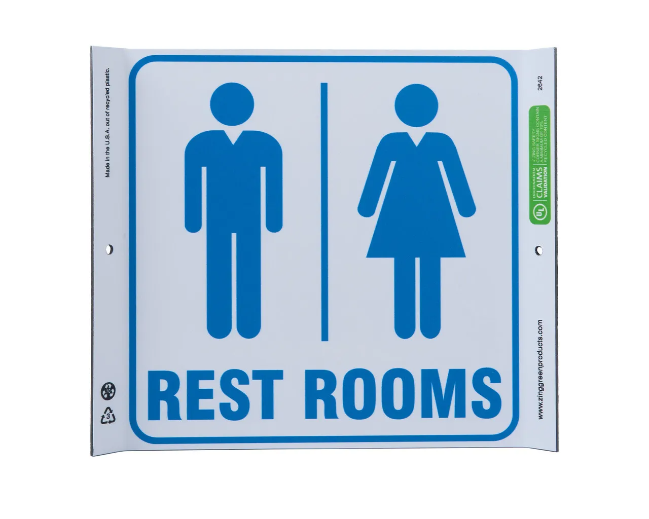 ZING 2642 Eco Corner Sign, Rest Rooms, 10Hx10W, Recycled Plastic