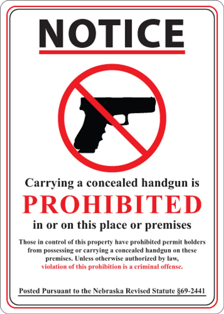 ZING 2804 Concealed Carry Sign, Nebraska, 14Hx10W, Available in Different Materials