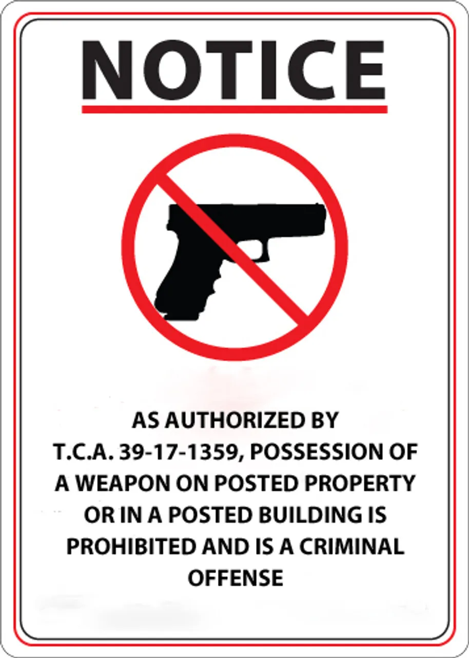 ZING 2807 Concealed Carry Sign, Tennessee, 14Hx10W, Available in Different Materials