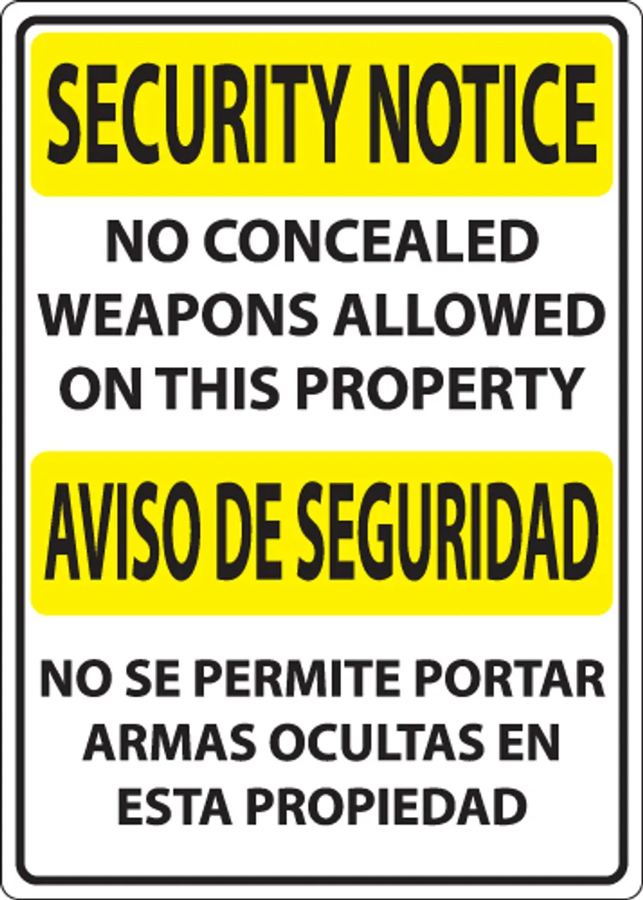 ZING 2829 Concealed Carry Sign, Security Notice No Weapons, Bilingual, 14Hx10W, Available in Different Materials