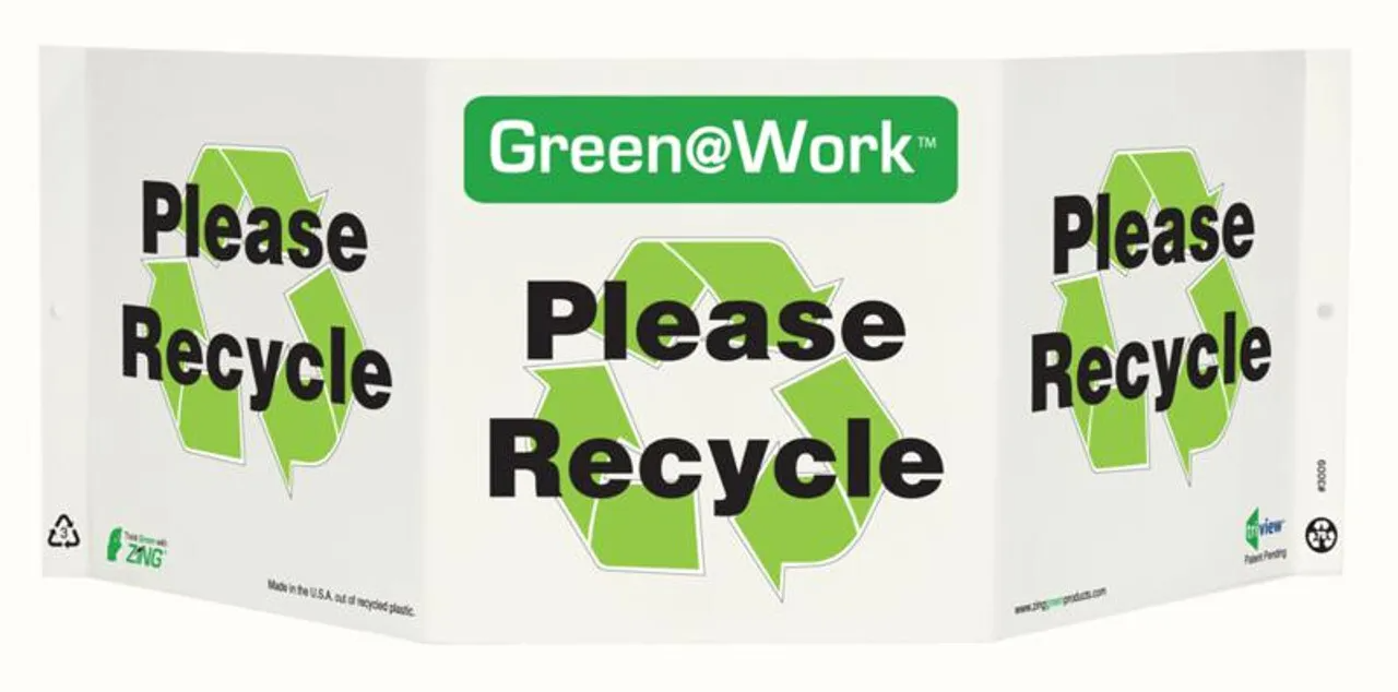 ZING 3009 Green at Work Tri-View Sign, Please Recycle, Recycle Symbol, 7.5Hx20W, Projects 5 Inches, Recycled Plastic