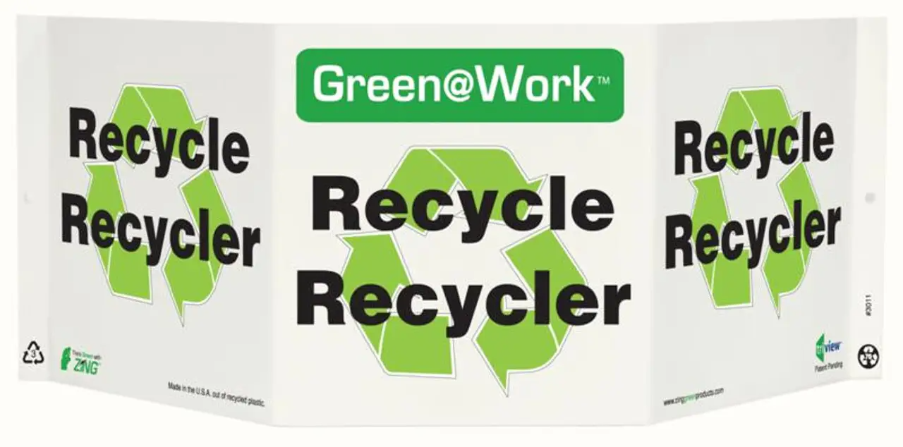ZING 3011 Green at Work Tri-View Sign, Recycle, Recycler (French), Recycle Symbol, 7.5Hx20W, Projects 5 Inches, Recycled Plastic