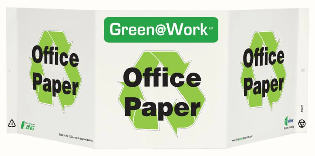 ZING 3021 ZING Green at Work Tri-View Sign, Office Paper, Recycle Symbol, 7.5Hx20W, Projects 5 Inches, Recycled Plastic