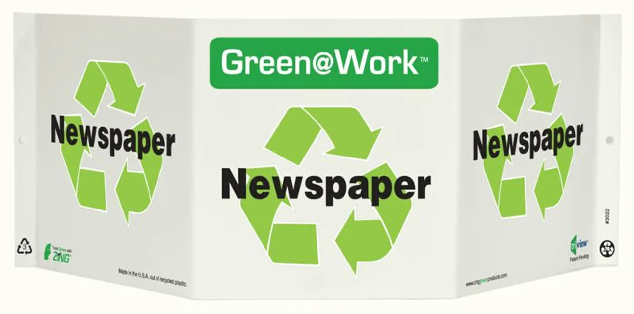 ZING 3022 ZING Green at Work Tri-View Sign, Newspaper, Recycle Symbol, 7.5Hx20W, Projects 5 Inches, Recycled Plastic
