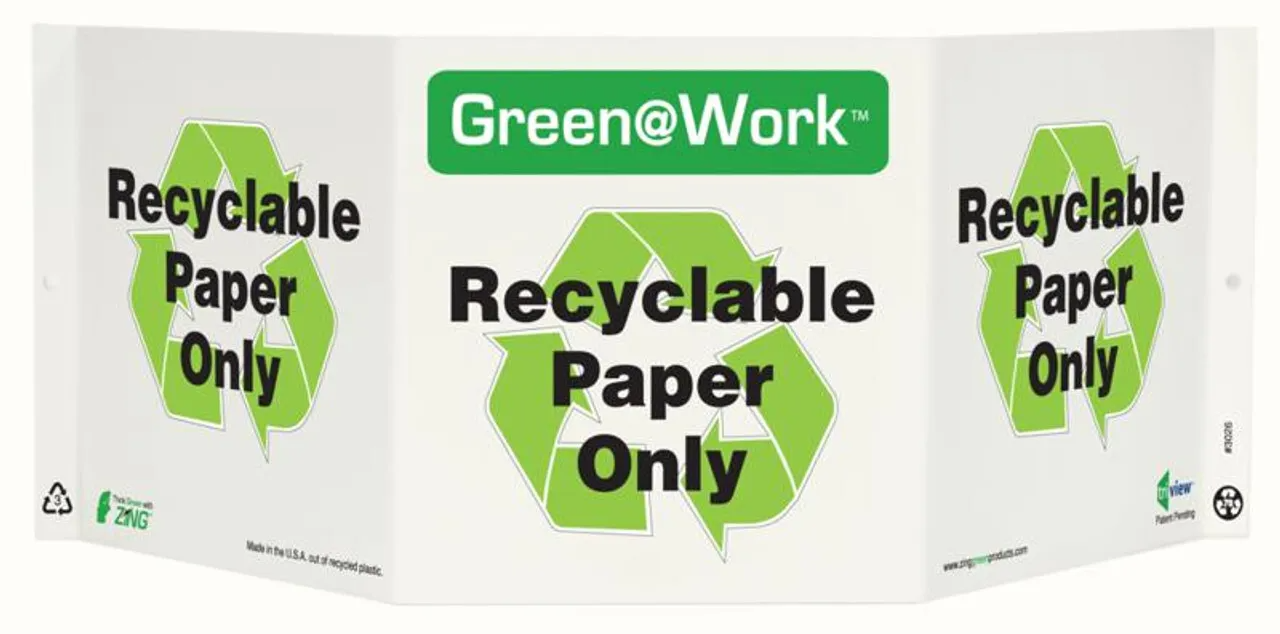 ZING 3026 Green at Work Tri-View Sign, Recyclable Paper Only, Recycle Symbol, 7.5Hx20W, Projects 5 Inches, Recycled Plastic