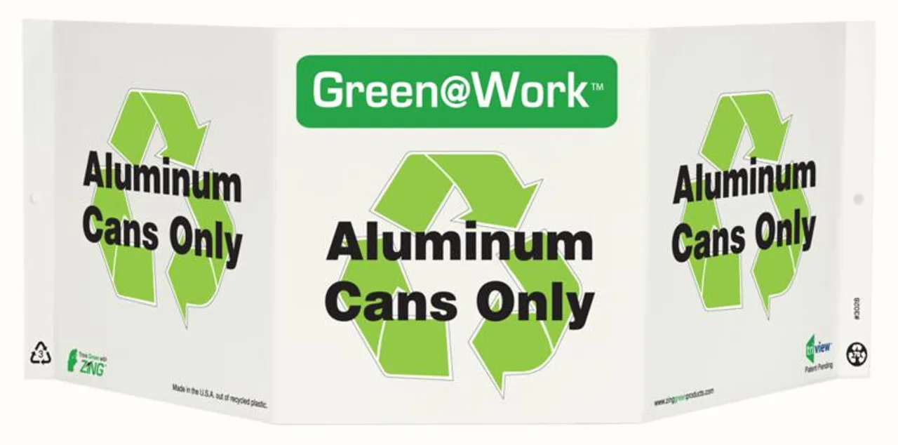 ZING 3028 Green at Work Tri-View Sign, Aluminum Cans Only, Recycle Symbol, 7.5Hx20W, Projects 5 Inches, Recycled Plastic