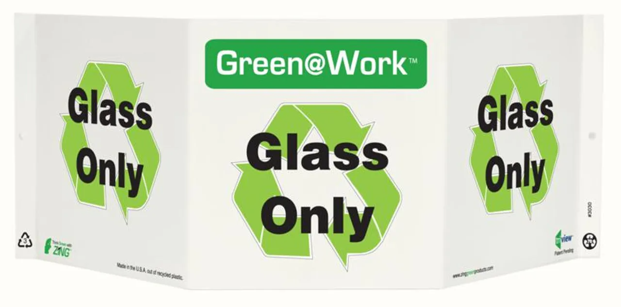 ZING 3030 Green at Work Tri-View Sign, Glass Only, Recycle Symbol, 7.5Hx20W, Projects 5 Inches, Recycled Plastic