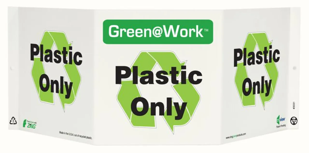 ZING 3031 Green at Work Tri-View Sign, Plastic Only, Recycle Symbol, 7.5Hx20W, Projects 5 Inches, Recycled Plastic
