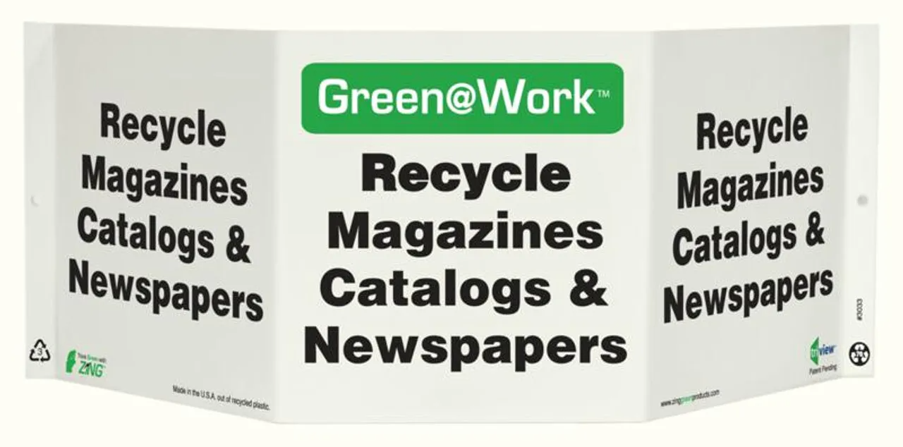 ZING 3033 Green at Work Tri-View Sign, Recycle Magazines, Catalogs and Newspapers, 7.5Hx20W, Projects 5 Inches, Recycled Plastic