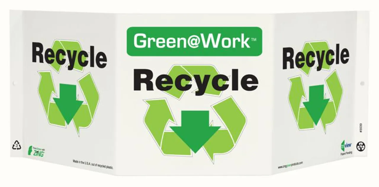 ZING 3039 Green at Work Tri-View Sign, Recycle, Recycle Symbol, Down Arrow, 7.5Hx20W, Projects 5 Inches, Recycled Plastic
