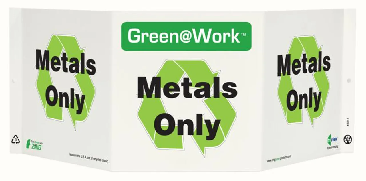 ZING 3041 Green at Work Tri-View Sign, Metals Only, Recycle Symbol, 7.5Hx20W, Projects 5 Inches, Recycled Plastic