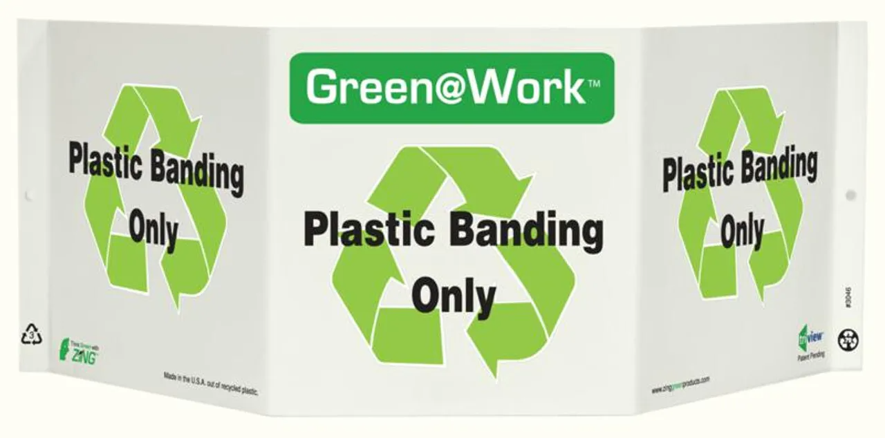 ZING 3046 Green at Work Tri-View Sign, Plastic Banding Only, Recycle Symbol, 7.5Hx20W, Projects 5 Inches, Recycled Plastic