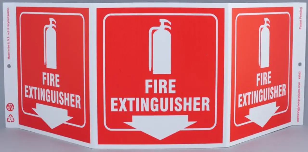 ZING 3052 Eco Safety Tri View Sign, Fire Extinguisher, 7.5Hx20W, Projects 5 Inches, Recycled Plastic