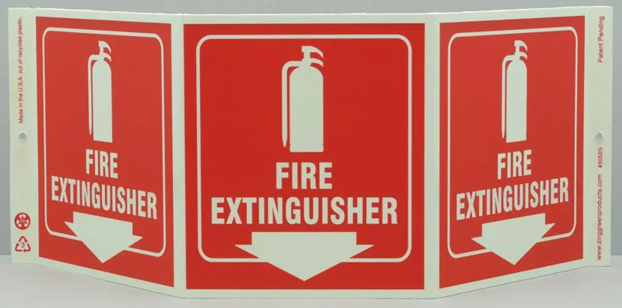 ZING 3052G Eco Safety Tri View Sign, Glow in the Dark, Fire Extinguisher, 7.5Hx20W, Projects 5 Inches, Recycled Plastic
