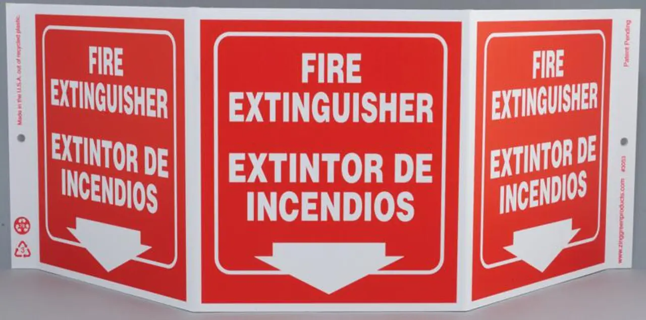 ZING 3053 Eco Safety Tri View Sign, Bilingual, Fire Extinguisher, 7.5Hx20W, Projects 5 Inches, Recycled Plastic