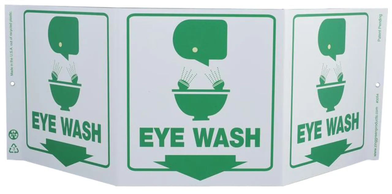 ZING 3054 Eco Safety Tri View Sign, Eye Wash, 7.5Hx20W, Projects 5 Inches, Recycled Plastic