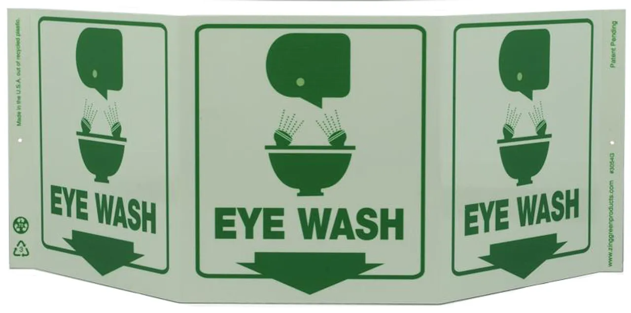 ZING 3054G Eco Safety Tri View Sign, Glow in the Dark, Eye Wash, 7.5Hx20W, Projects 5 Inches, Recycled Plastic