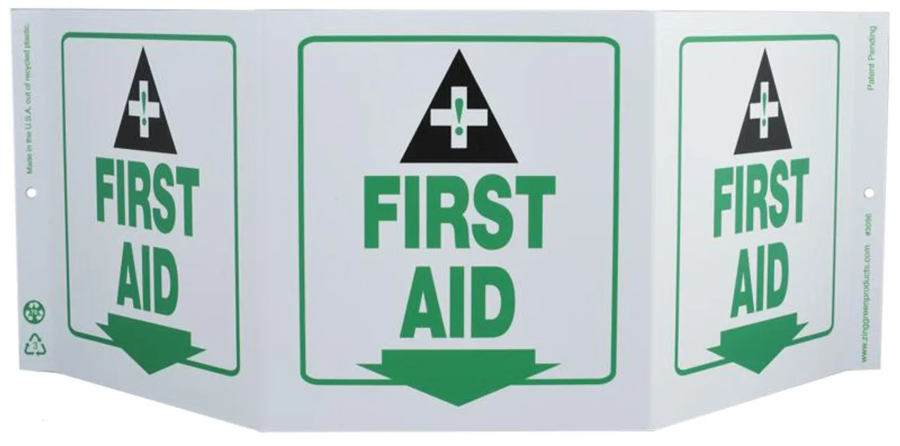 ZING 3056 Eco Safety Tri View Sign, First Aid, 7.5Hx20W, Projects 5 Inches, Recycled Plastic