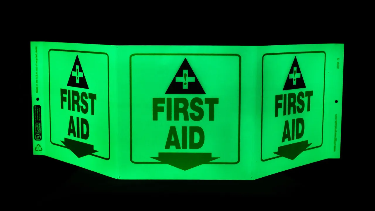 ZING 3056G Eco Safety Tri View Sign, Glow in the Dark, First Aid, 7.5Hx20W, Projects 5 Inches, Recycled Plastic