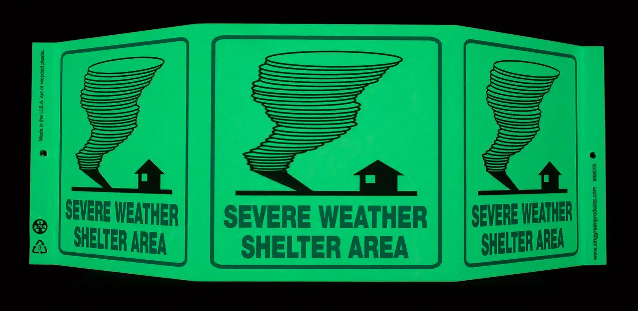 ZING 3057G Eco Safety Tri View Sign, Glow in the Dark, Severe Weather, 7.5Hx20W, Projects 5 Inches, Recycled Plastic