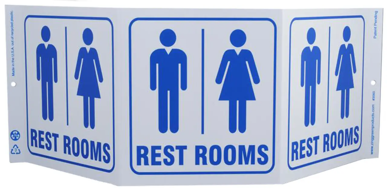 ZING 3060 Eco Public Facility Tri View Sign, Restrooms, 7.5Hx20W, Projects 5 Inches, Recycled Plastic