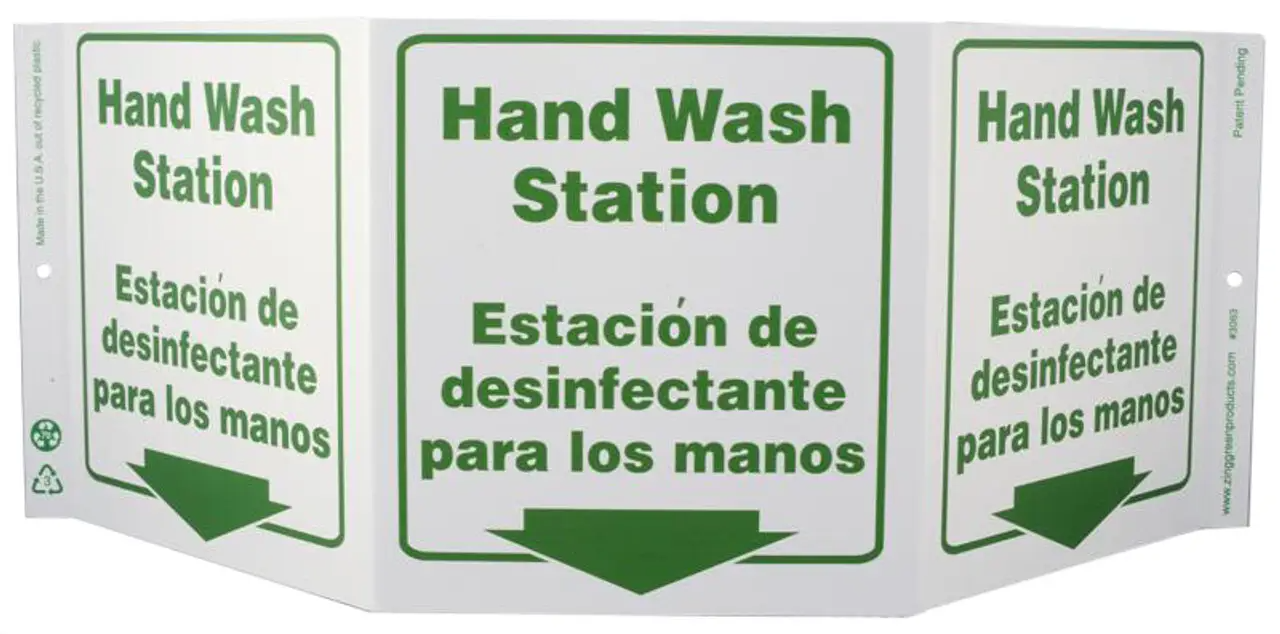 ZING 3063 Eco Public Facility Tri View Sign, Bilingual, Hand Wash Station, 7.5Hx20W, Projects 5 Inches, Recycled Plastic