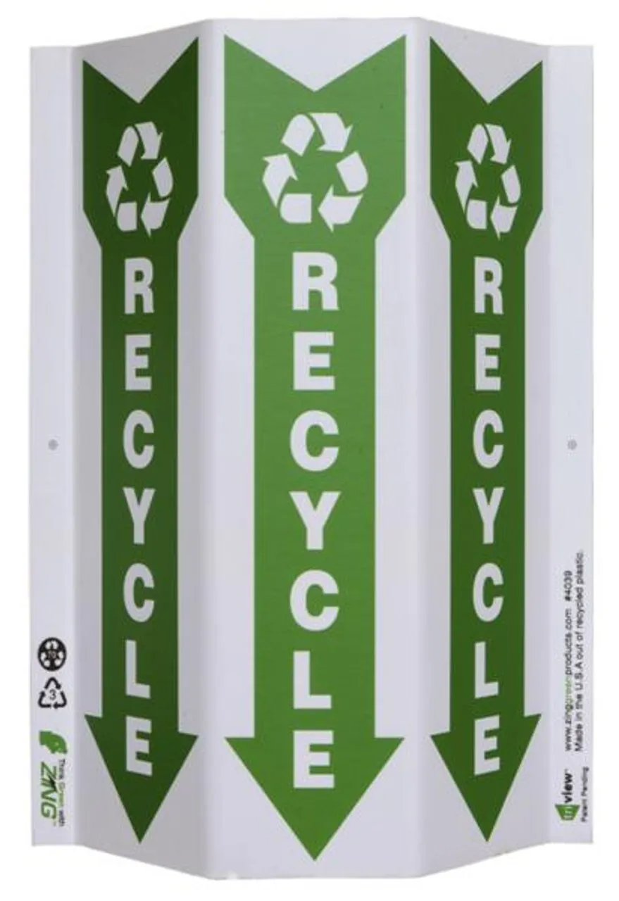 ZING 4039 Green at Work Tri-View Sign, Recycle, Recycle Symbol, Down Arrow, 12Hx9W, Projects 3 Inches, Recycled Plastic