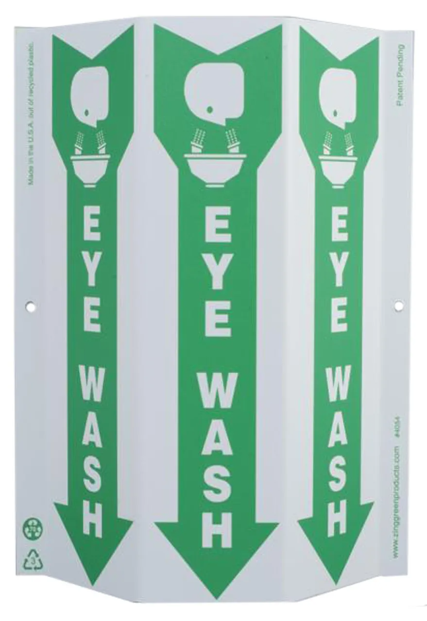 ZING 4054 Eco Safety Tri View Sign, Eye Wash, 12Hx9W, Projects 3 Inches, Recycled Plastic