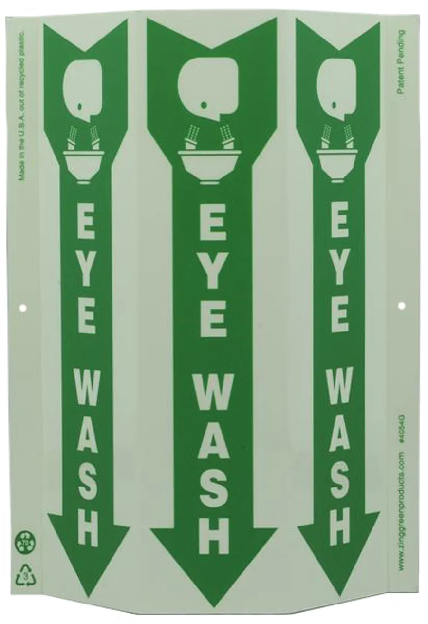ZING 4054G Eco Safety Tri View Sign, Glow in the Dark, Eye Wash, 12Hx9W, Projects 3 Inches, Recycled Plastic