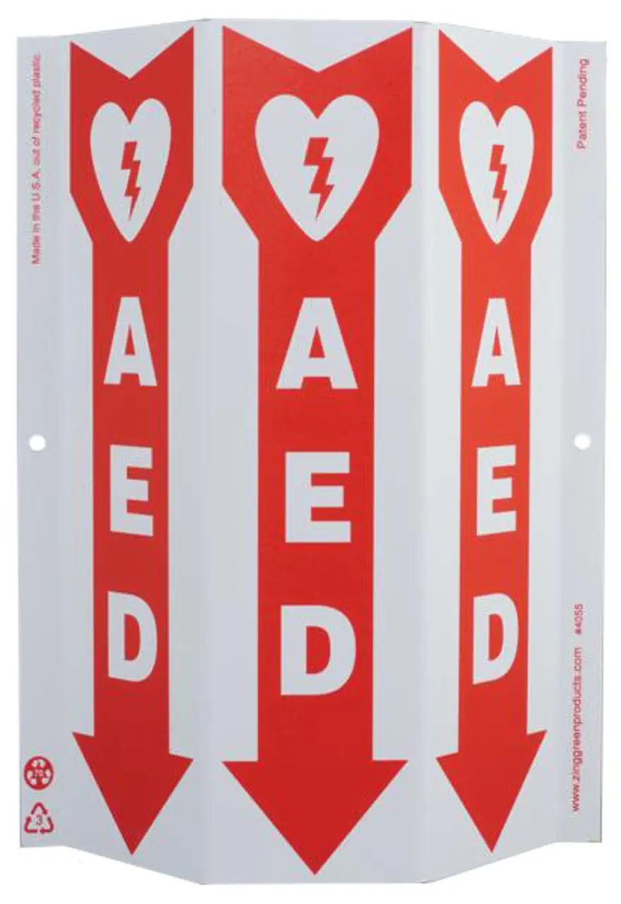 ZING 4055 Eco Safety Tri View Sign, AED, 12Hx9W, Projects 3 Inches, Recycled Plastic