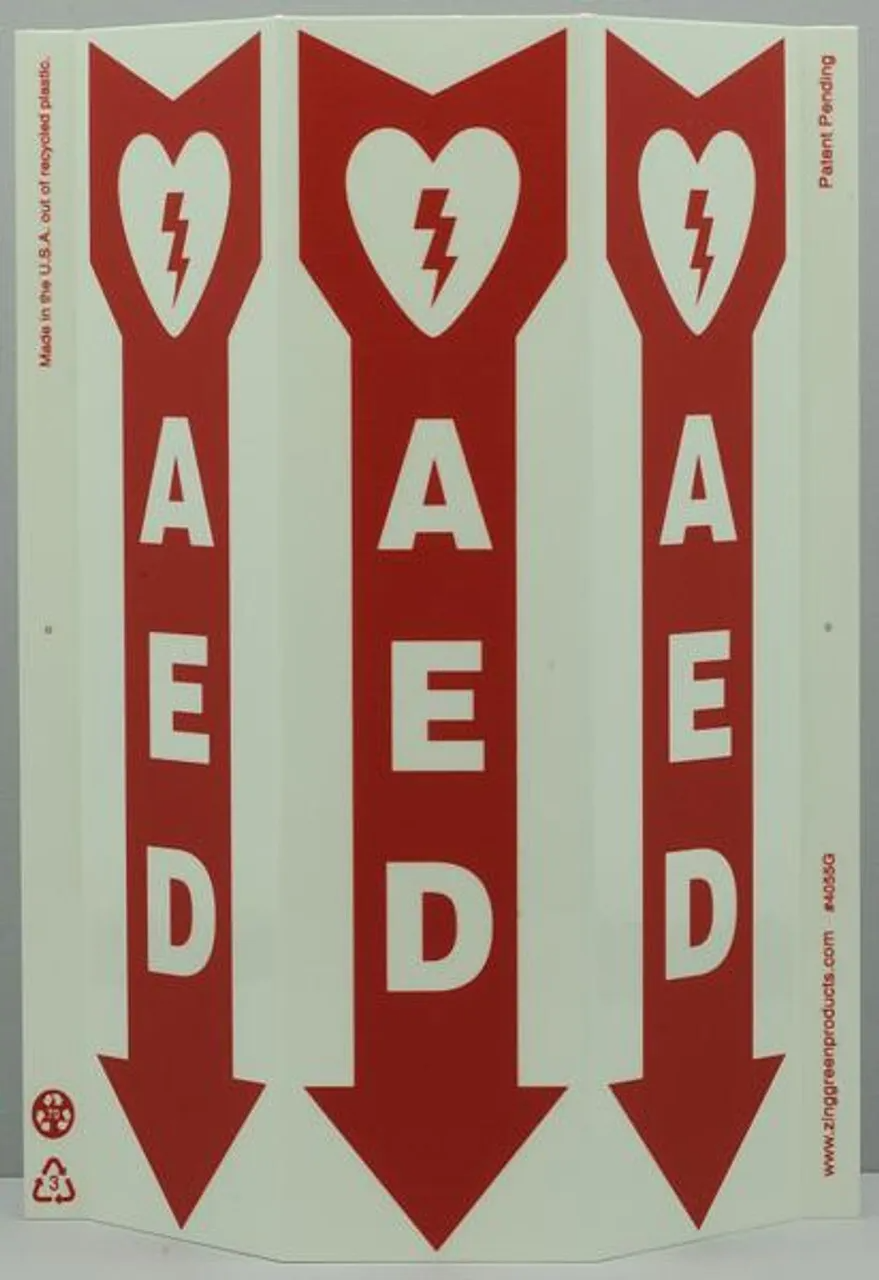 ZING 4055G Eco Safety Tri View Sign, Glow in the Dark, AED, 12Hx9W, Projects 3 Inches, Recycled Plastic