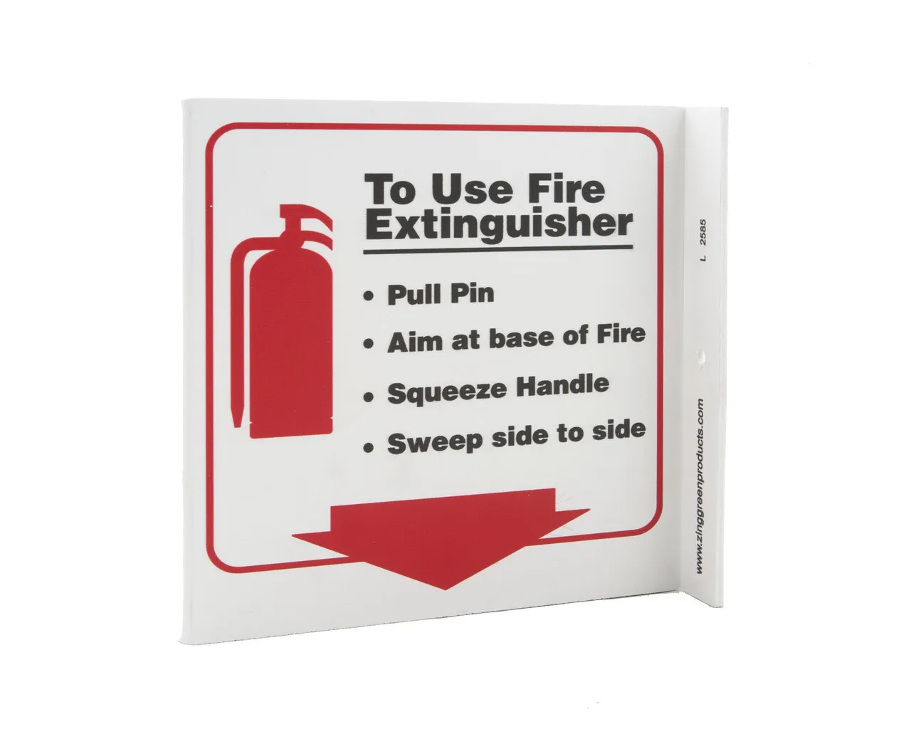 ZING 2585 Eco Safety L Sign, Use Fire Extinguisher, 7Hx2.5Wx7D, Recycled Plastic