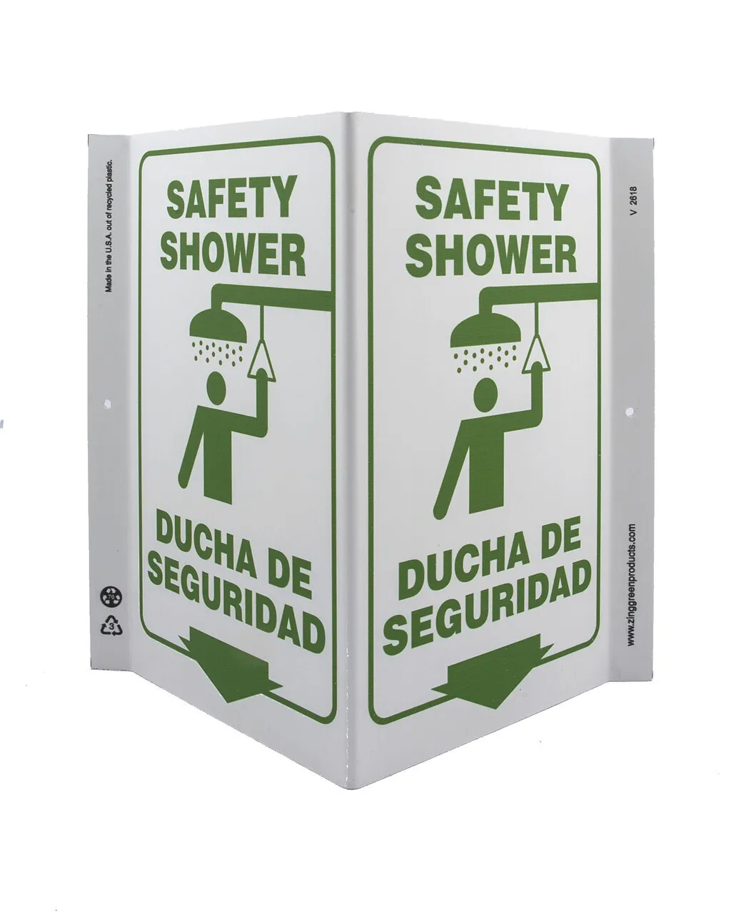 ZING 2618 Eco Safety V Sign, Safety Shower Bilingual, 11Hx7Wx5D, Recycled Plastic