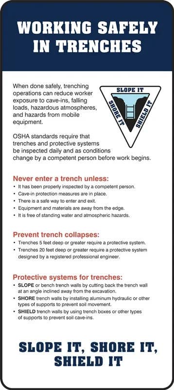 AccuformNMC OTR099 Bilingual OSHA NEP Trenching Initiative Information Cards, Protect Workers In Trenches, 9" H x 4" W
