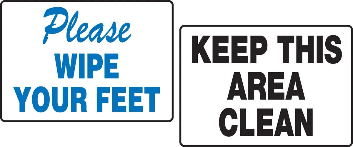 AccuformNMC PAT228 Tabletop Sign, Please Wipe Your Feet - Keep This Area Clean, 3-1/2" H x 5" W