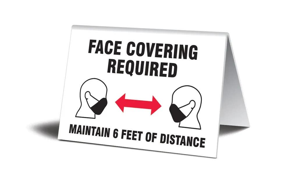 AccuformNMC PAT300 Table Top Sign, Face Covering Required Maintain 6 Feet Of Distance, 3-1/2" H x 5" W