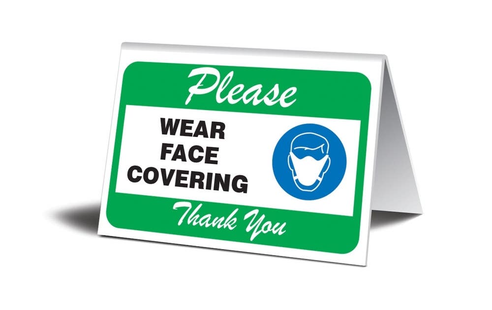 AccuformNMC PAT30 Table Top Sign, Please Wear Face Covering Thank You, 3-1/2" H x 5" W