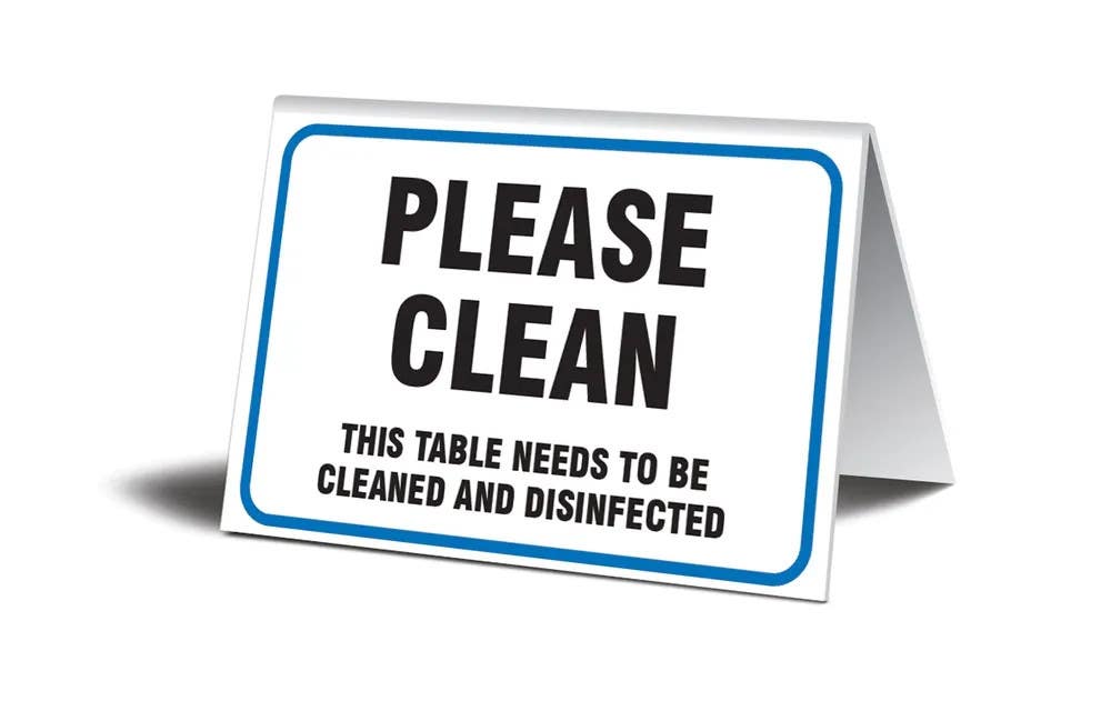 AccuformNMC PAT309 Table Top Sign, Please Clean This Table Needs To Be Cleaned And Disinfected, 3-1/2" H x 5" W