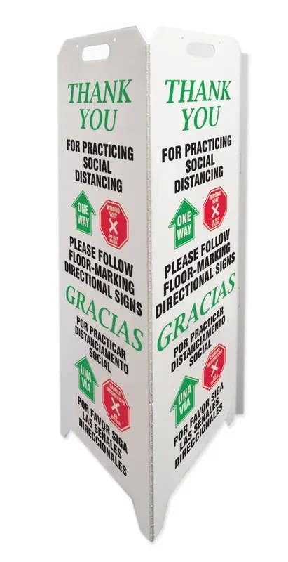 AccuformNMC PFE362 Triple-Sided Fold-Ups Safety Sign, Thank You For Practicing Social Distancing…, (Bilingual-Spanish)