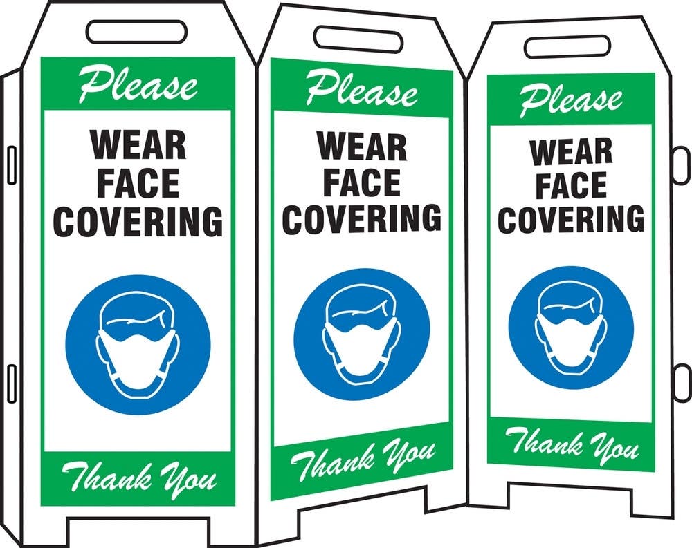 AccuformNMC PFE36 Triple-Sided Fold-Ups Safety Sign, Please Wear Face Covering Thank You