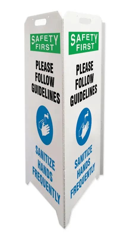 AccuformNMC PFE369 OSHA Safety First Triple-Sided Fold-Ups Safety Sign, Please Follow Guidelines Sanitize Hands Frequently