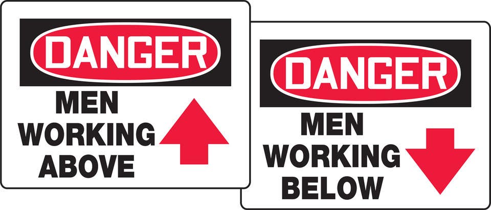 AccuformNMC PFK124 OSHA Danger Quik Sign Fold-Ups, Men Working Above/Men Working Below, Corrugated Plastic, 18" H x 24" W
