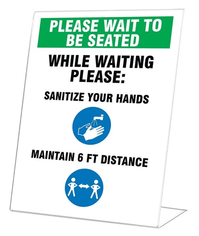 AccuformNMC PNG103 Countertop Sign, Please Wait To Be Seated While Waiting Please Sanitize Your Hands..., 10" H x 7" W