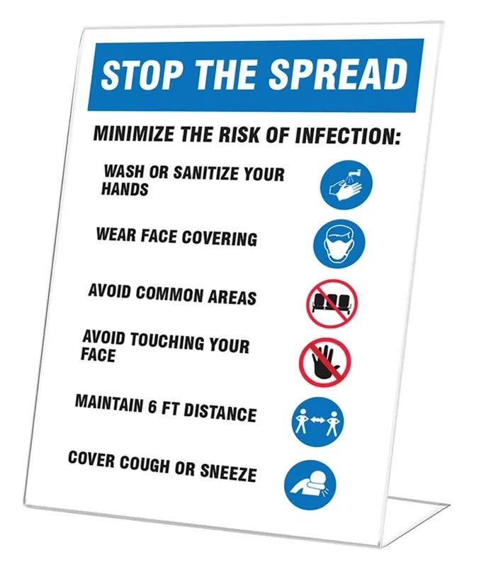AccuformNMC PNG104 Countertop Sign, Stop The Spread Minimize The Risk Of Infection Wash Or Sanitize..., 10" H x 7" W