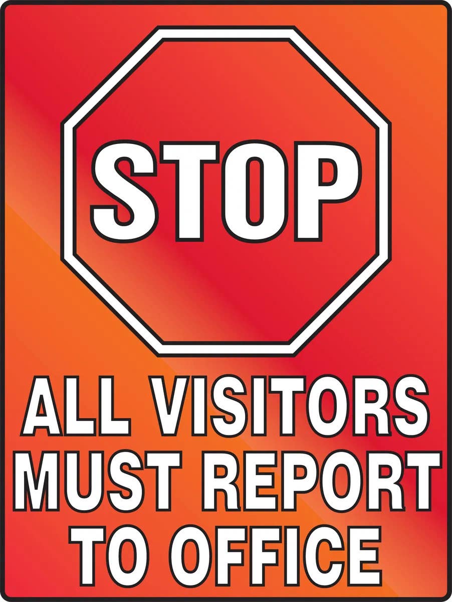 AccuformNMC PSA234 Stop Fluorescent Alert Sign, All Visitors Must Report To Office, Plastic, 24" H x 18" W