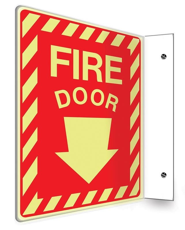 AccuformNMC PSP Glow-In-The-Dark Projection Safety Sign, Fire Door (Down Arrow), Lumi-Glow Plastic, 12" H x 9" W Panel