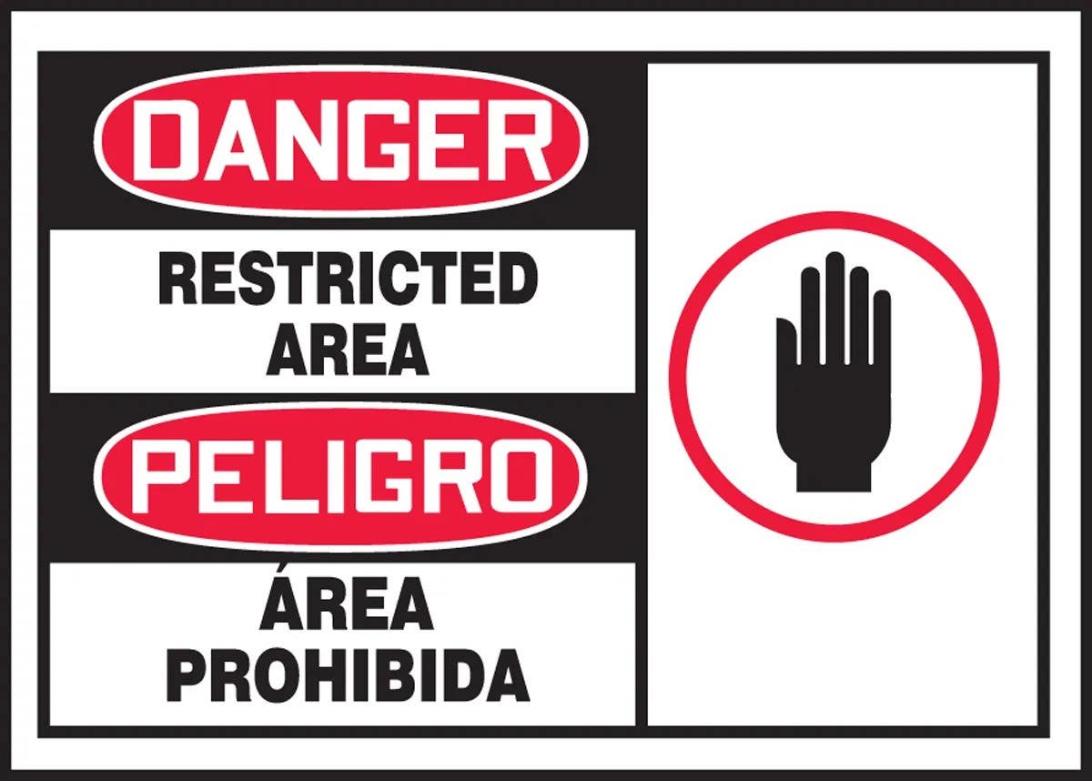 AccuformNMC SBLADM007VSP Bilingual OSHA Danger Safety Label, Restricted Area, Adhesive Vinyl, 3-1/2" H x 5" W, 5/Pk