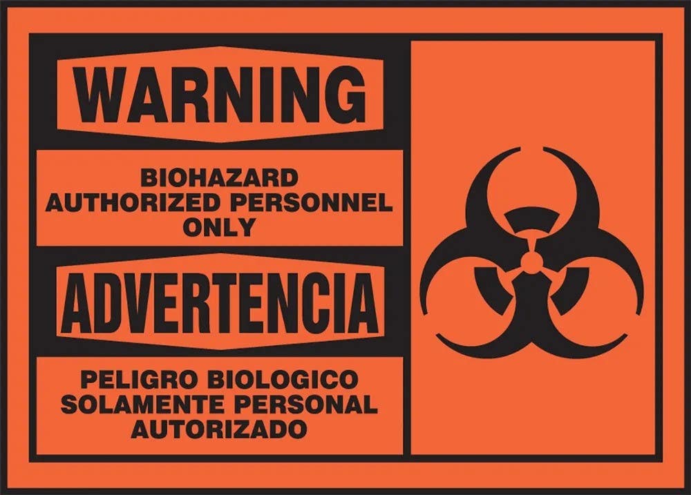 AccuformNMC SBLBHZ302VSP Bilingual Safety Label, Biohazard, Authorized Personnel Only, Adhesive Vinyl, 3-1/2" x 5", 5/Pk